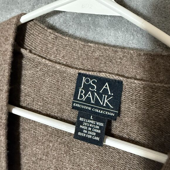 Jos A Bank Executive Sweater L Mens Beige Lambswool Cardigan Grandpa Grunge - Picture 2 of 8